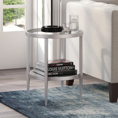 24" Nickel And Clear Glass And Steel Round Mirrored End Table With Shelf