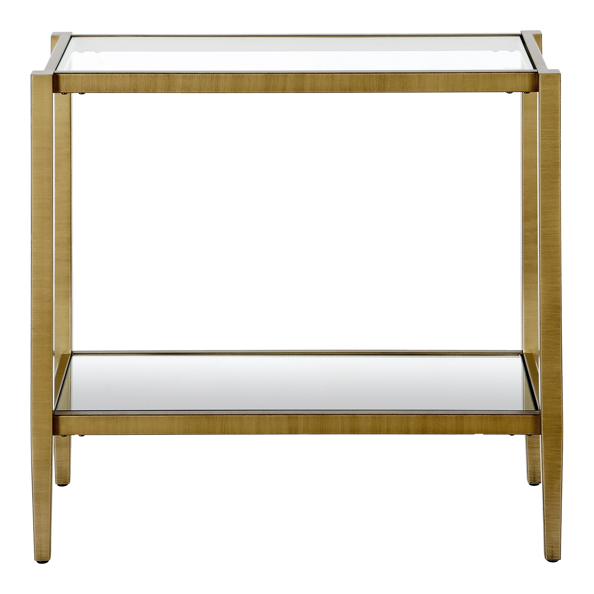 24" Antiqued Brass And Clear Glass And Steel Mirrored End Table With Shelf