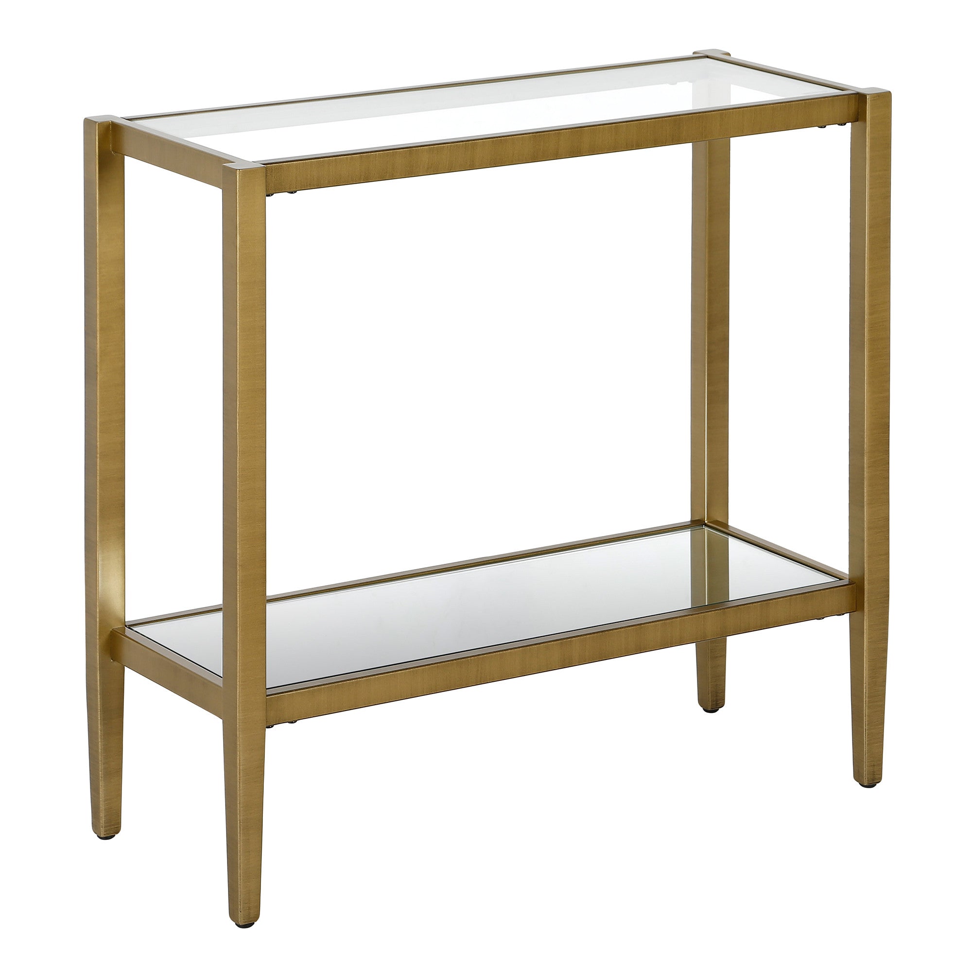 24" Antiqued Brass And Clear Glass And Steel Mirrored End Table With Shelf