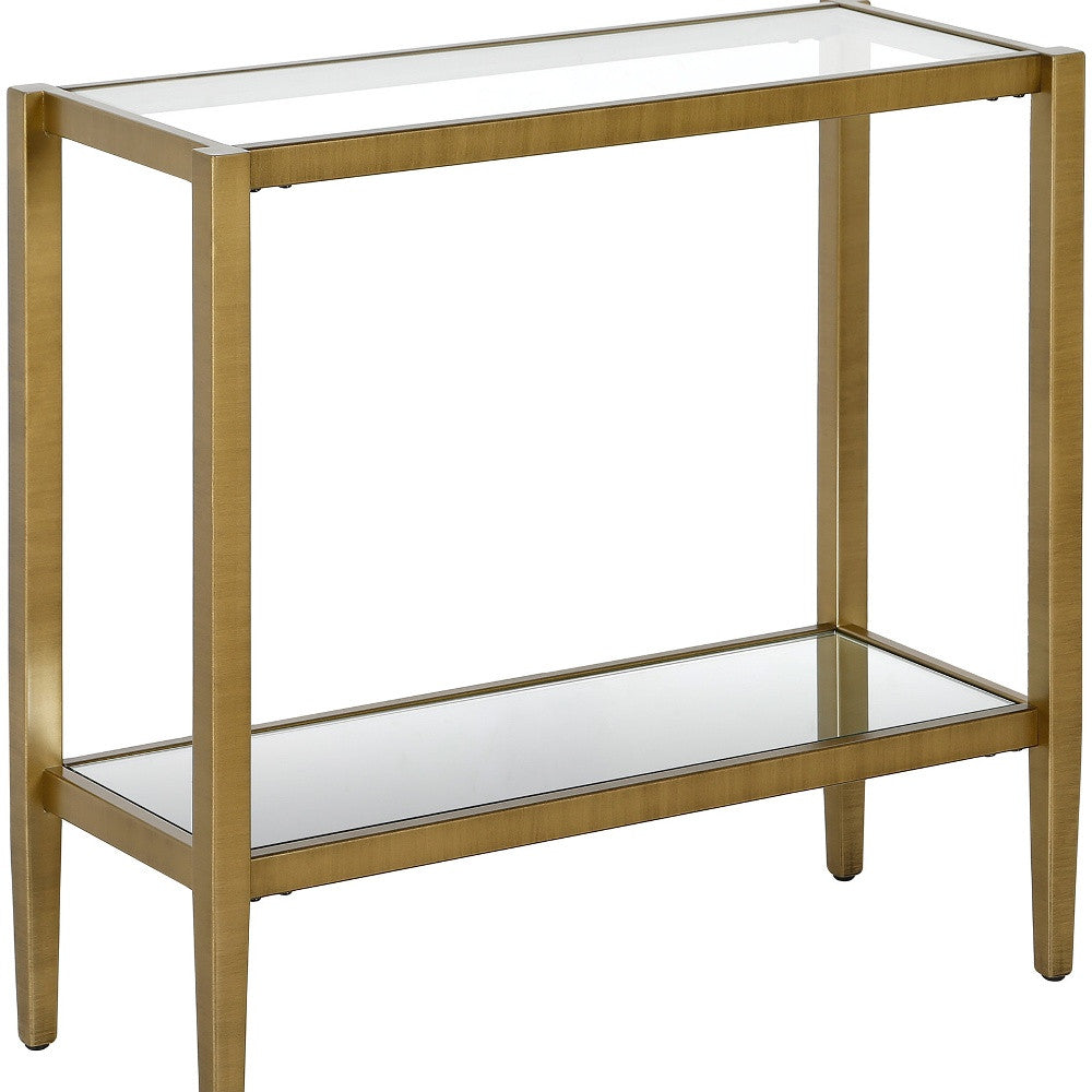 24" Antiqued Brass And Clear Glass And Steel Mirrored End Table With Shelf