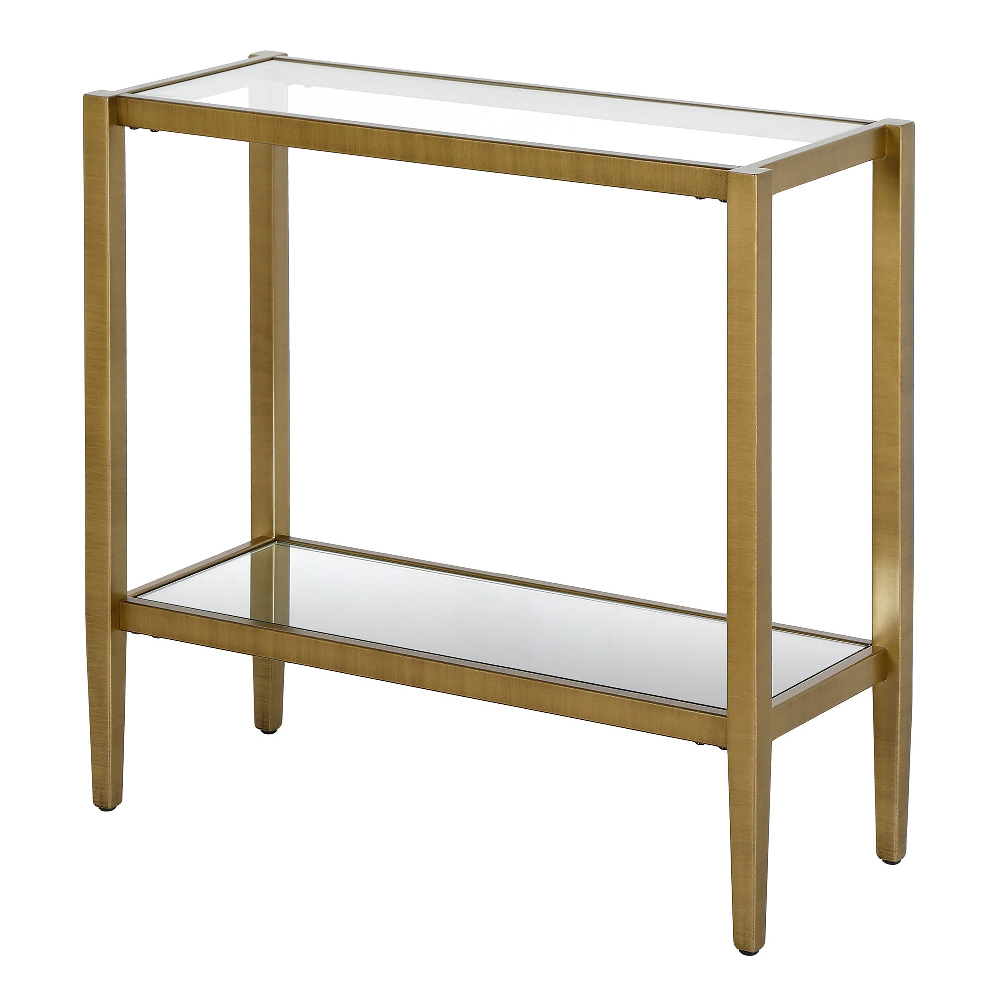 24" Antiqued Brass And Clear Glass And Steel Mirrored End Table With Shelf