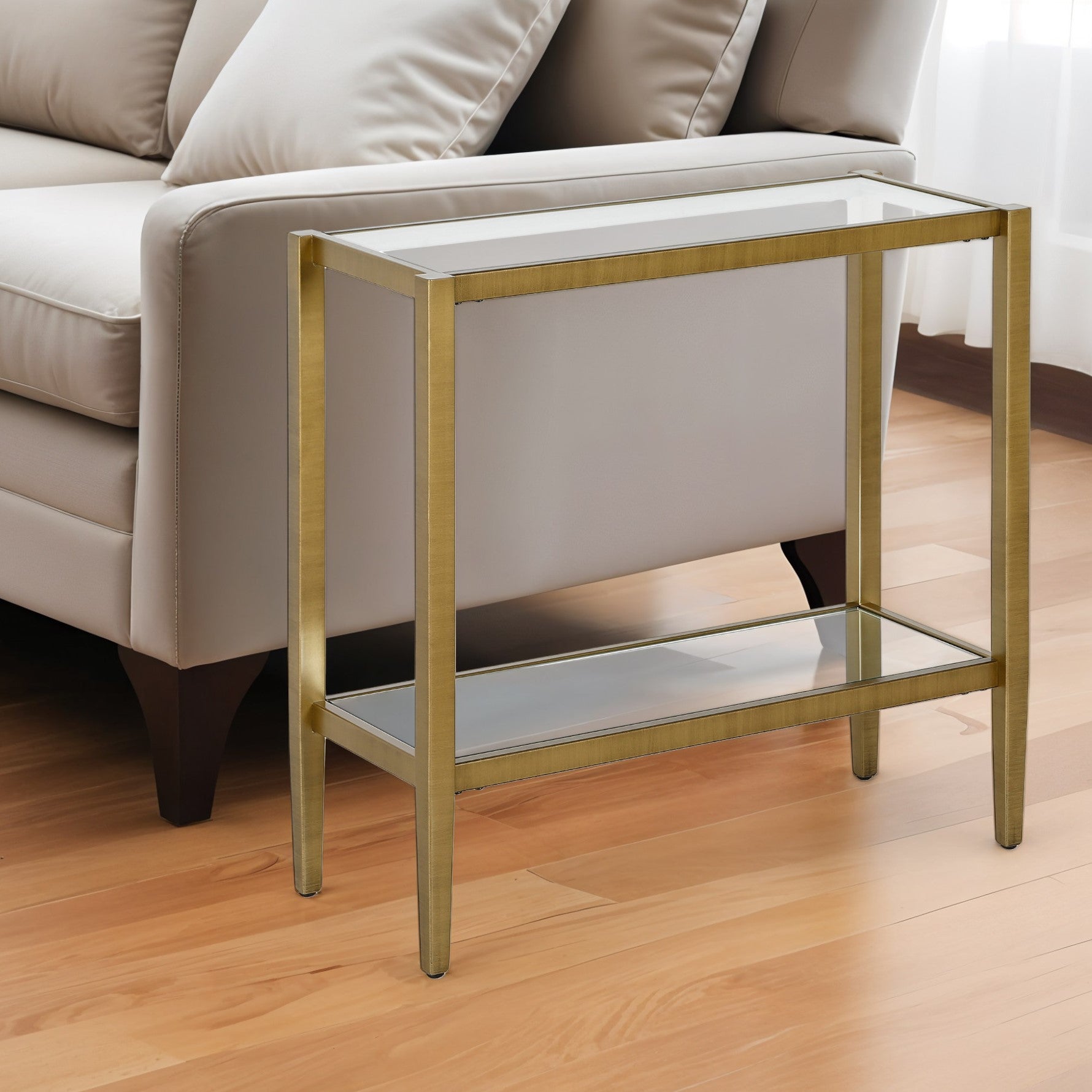 24" Antiqued Brass And Clear Glass And Steel Mirrored End Table With Shelf