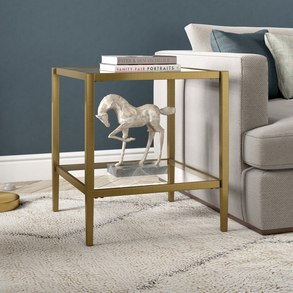 22" Antiqued Brass And Clear Glass And Steel Square End Table With Shelf