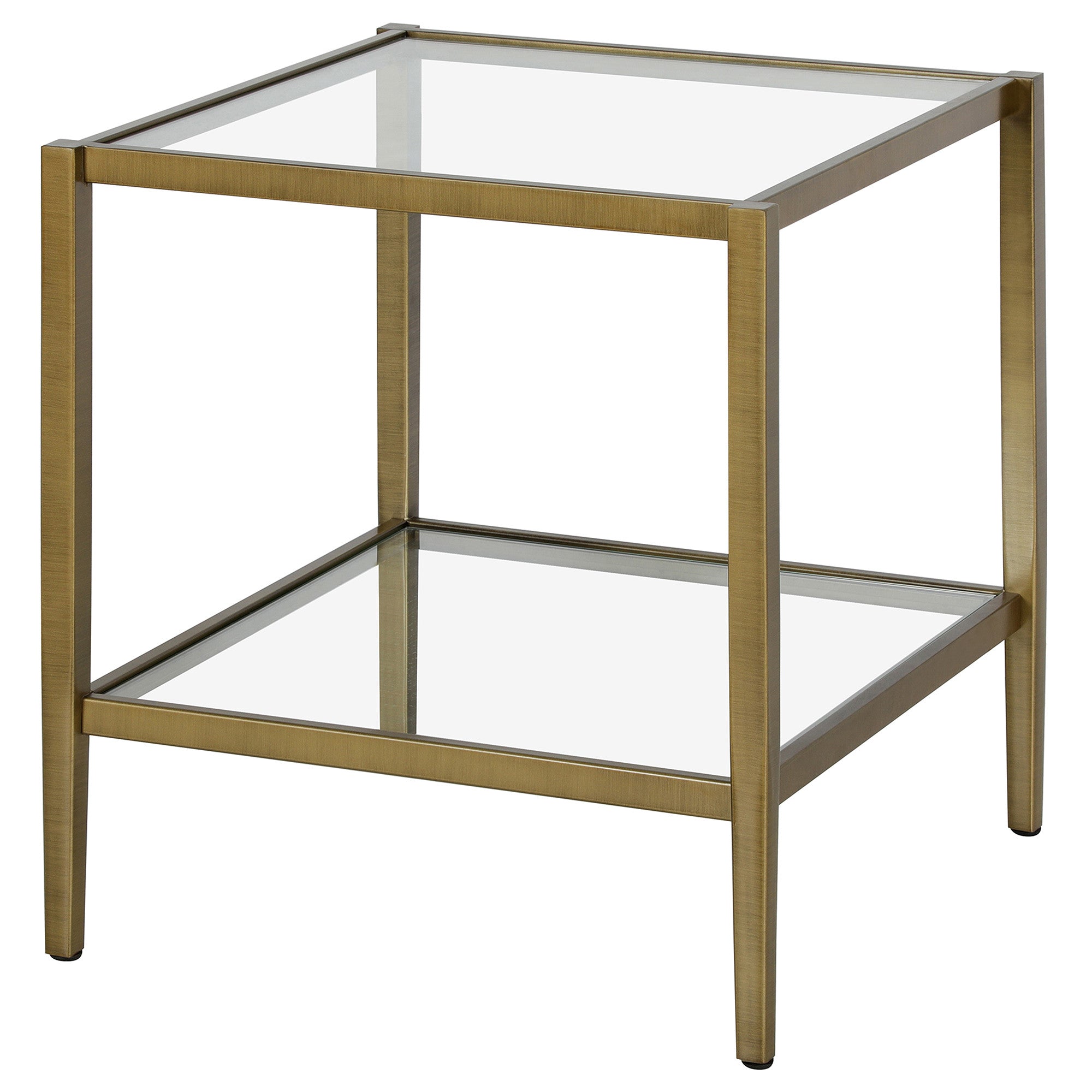 22" Antiqued Brass And Clear Glass And Steel Square End Table With Shelf