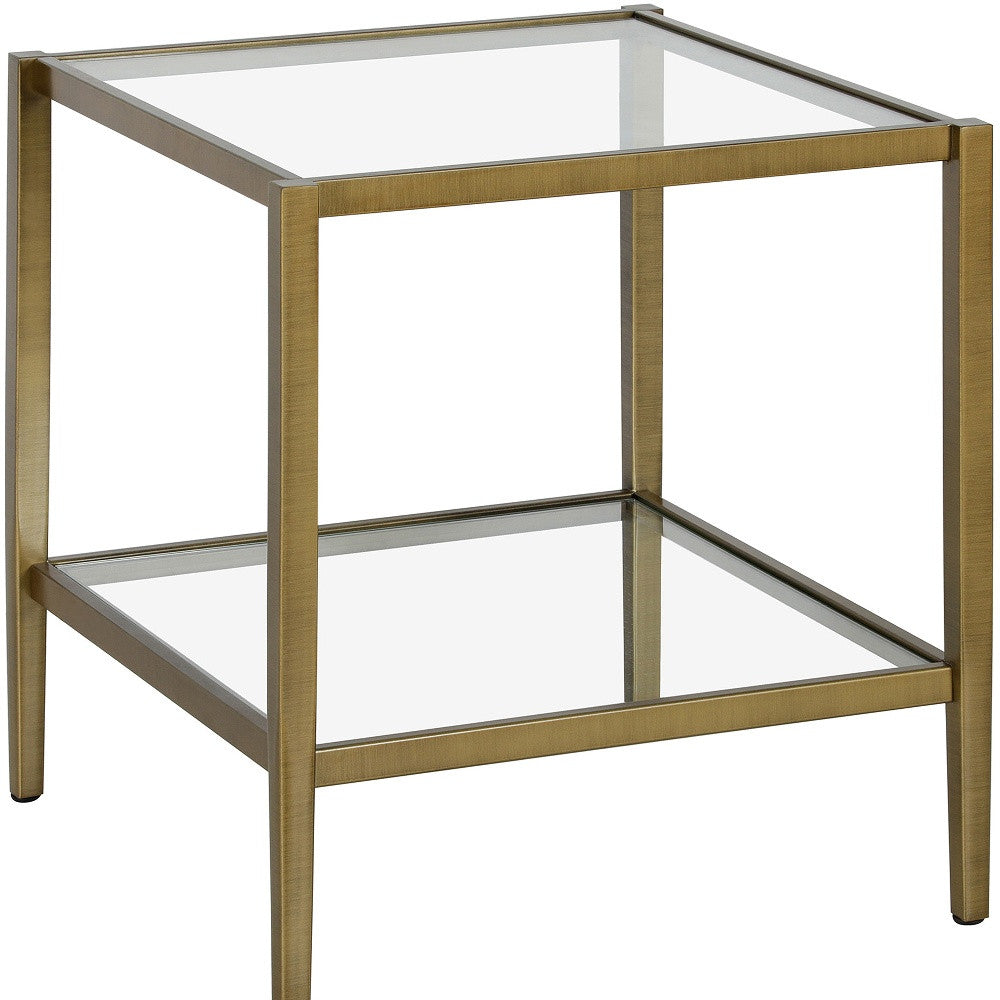 22" Antiqued Brass And Clear Glass And Steel Square End Table With Shelf