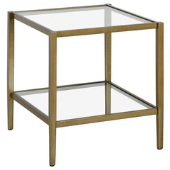 22" Antiqued Brass And Clear Glass And Steel Square End Table With Shelf