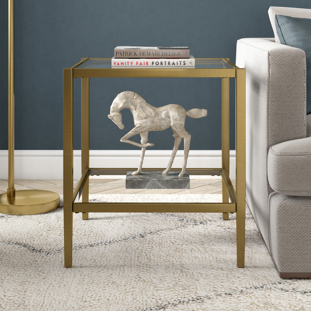 22" Antiqued Brass And Clear Glass And Steel Square End Table With Shelf