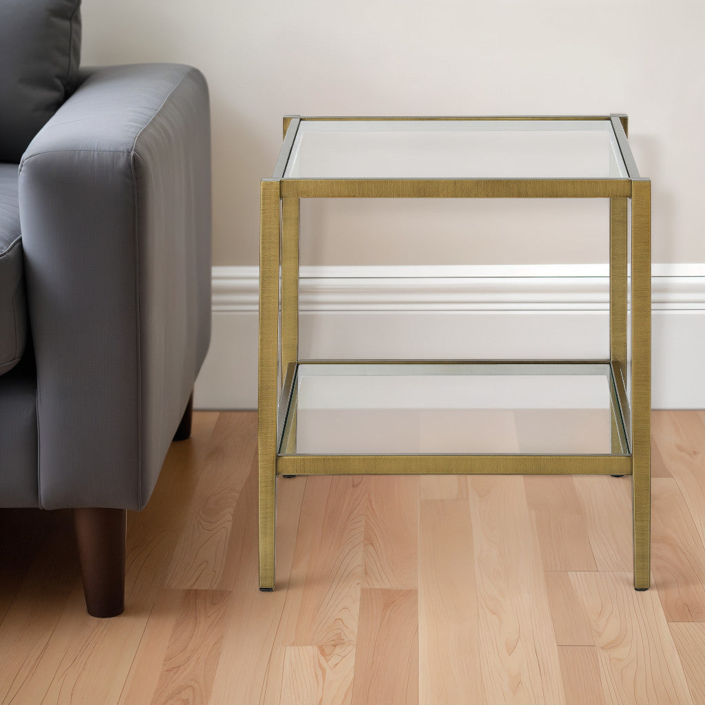 22" Antiqued Brass And Clear Glass And Steel Square End Table With Shelf