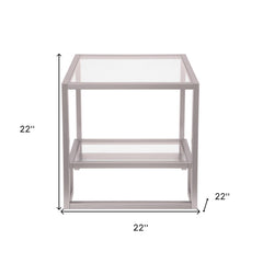 22" Nickel And Clear Glass And Steel Square End Table With Shelf