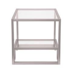 22" Nickel And Clear Glass And Steel Square End Table With Shelf