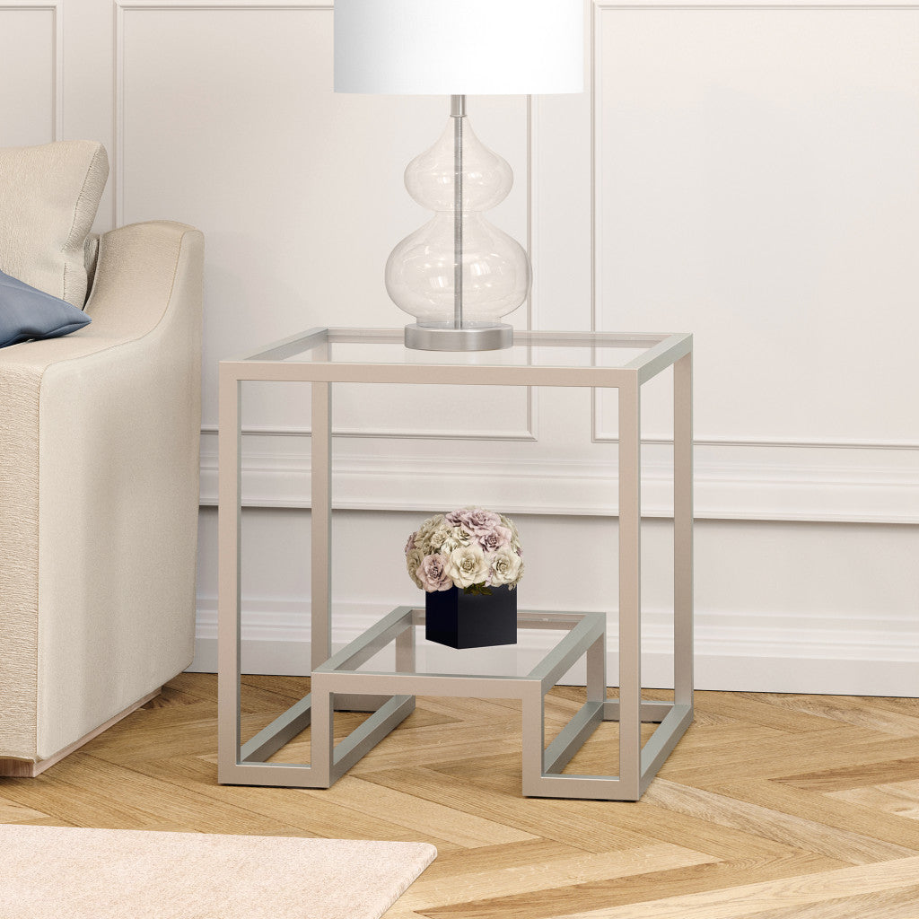 22" Nickel And Clear Glass And Steel Square End Table With Shelf