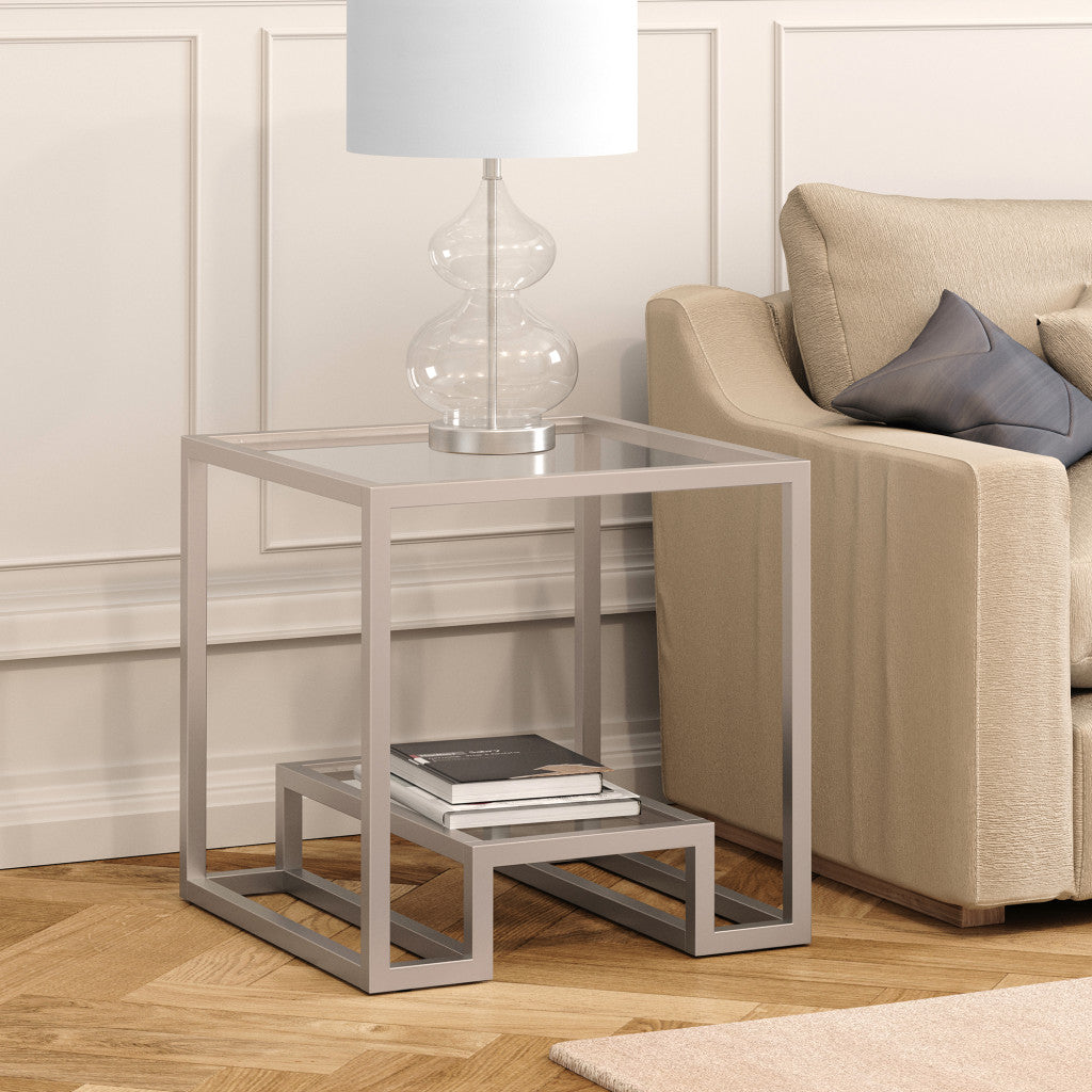 22" Nickel And Clear Glass And Steel Square End Table With Shelf