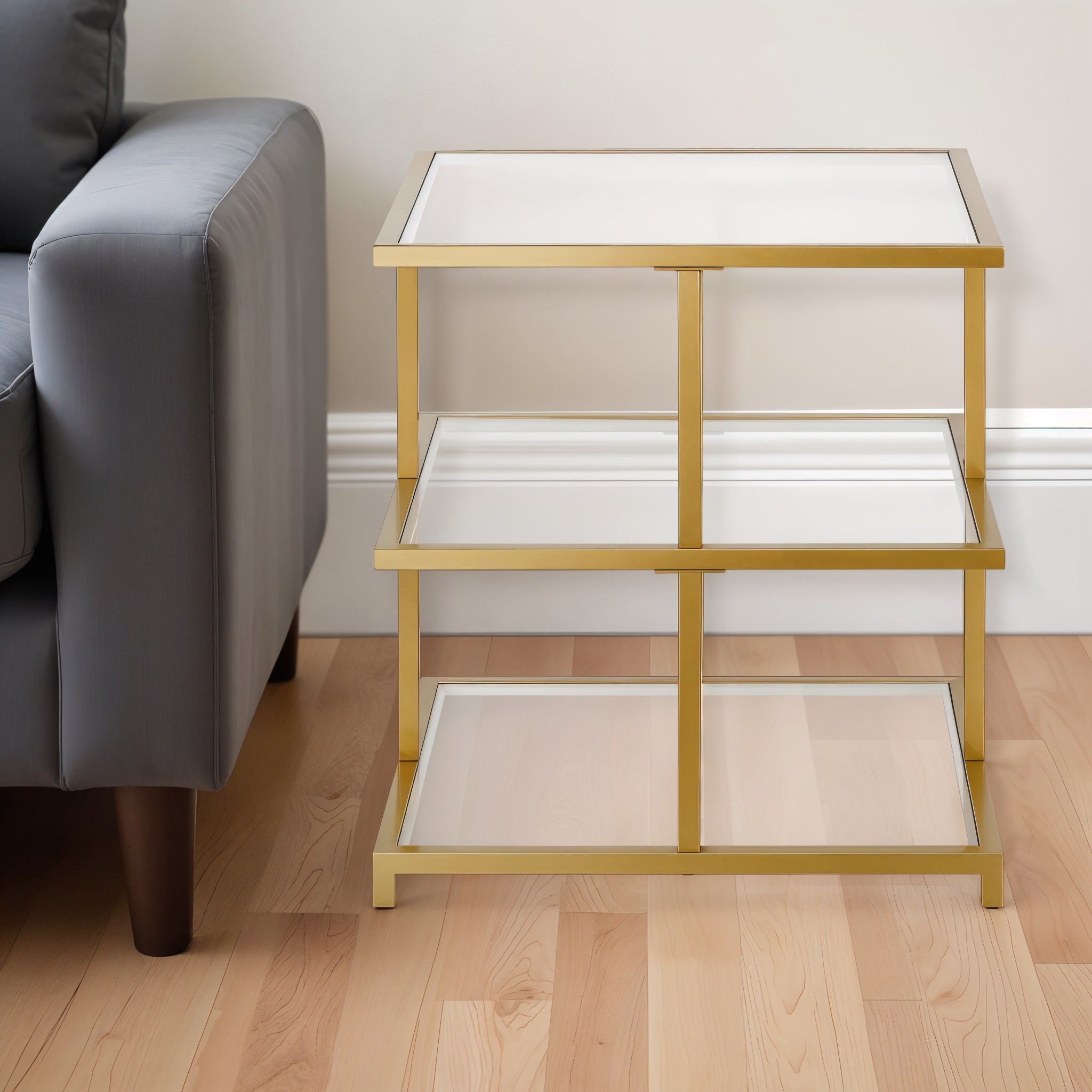 24" Brass And Clear Glass And Steel Square End Table With Two Shelves