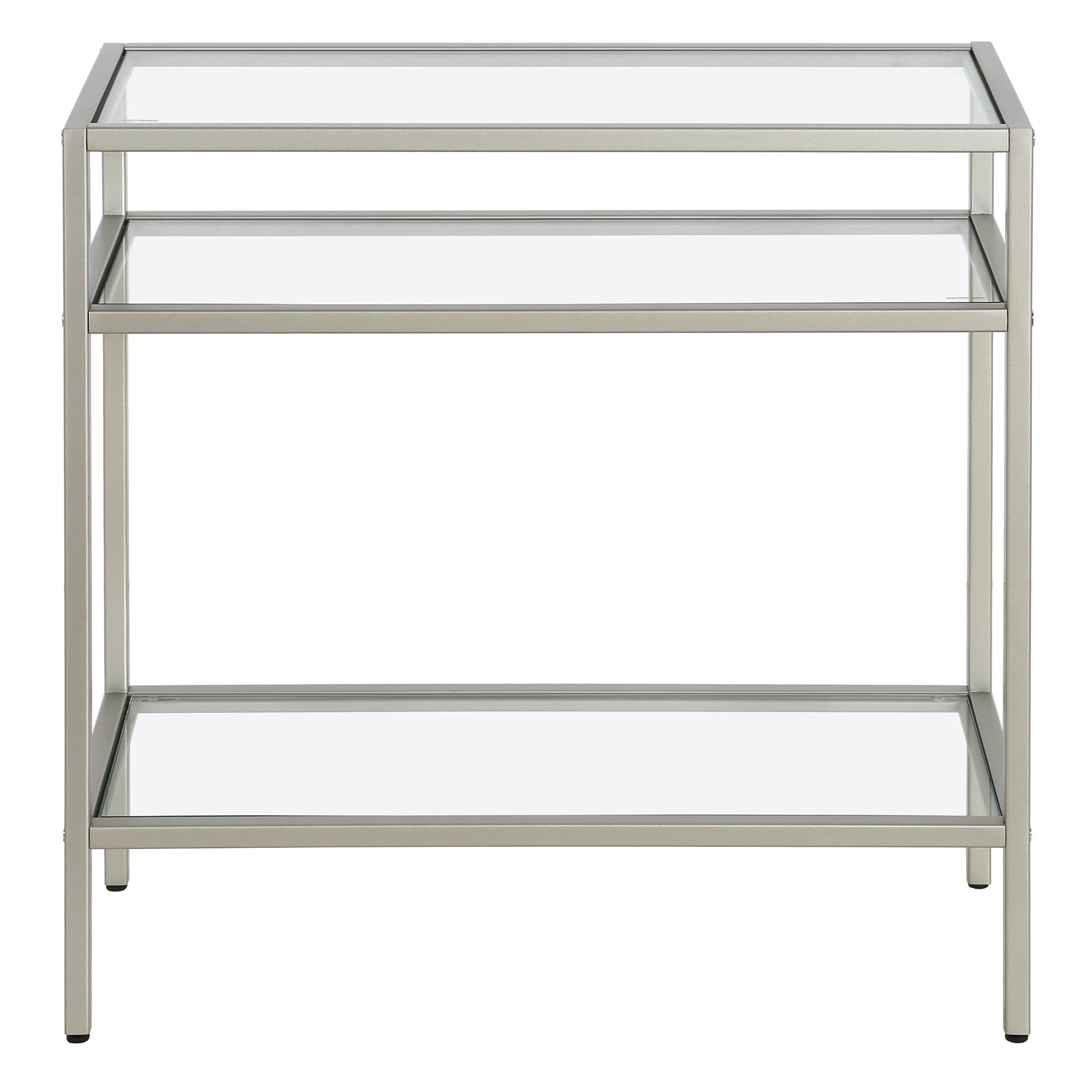 24" Nickel And Clear Glass And Steel End Table With Two Shelves