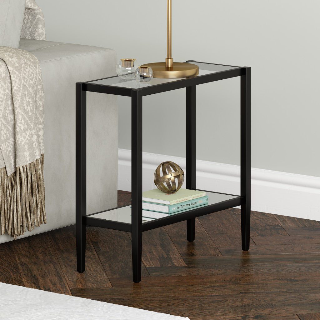 24" Black And Clear Glass And Steel Mirrored End Table With Shelf