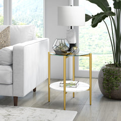 22" Gold And Clear Glass And Steel Round End Table With Shelf