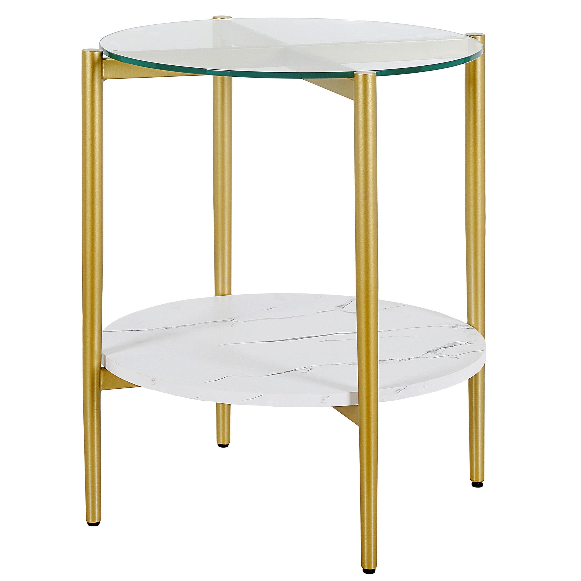 22" Gold And Clear Glass And Steel Round End Table With Shelf