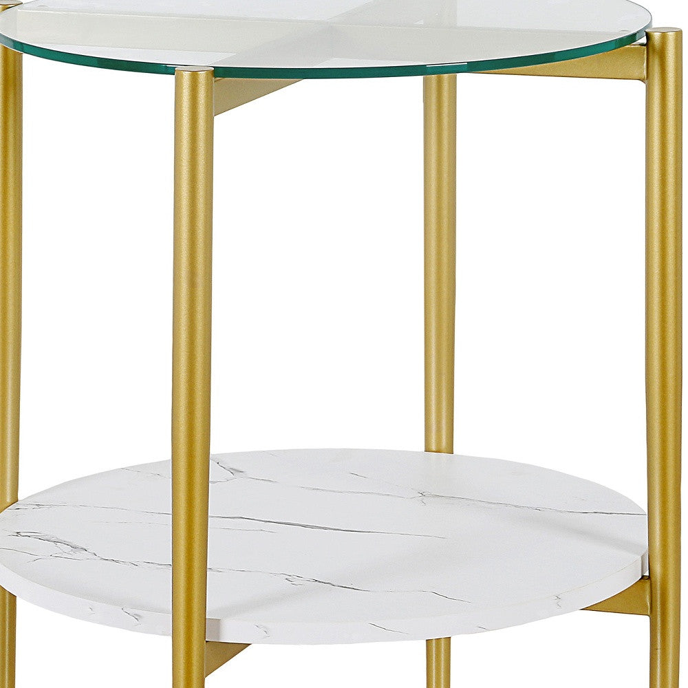 22" Gold And Clear Glass And Steel Round End Table With Shelf