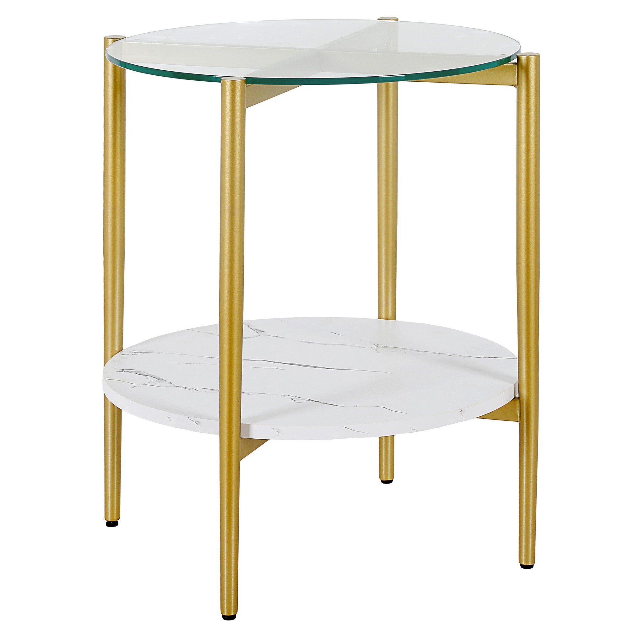 22" Gold And Clear Glass And Steel Round End Table With Shelf