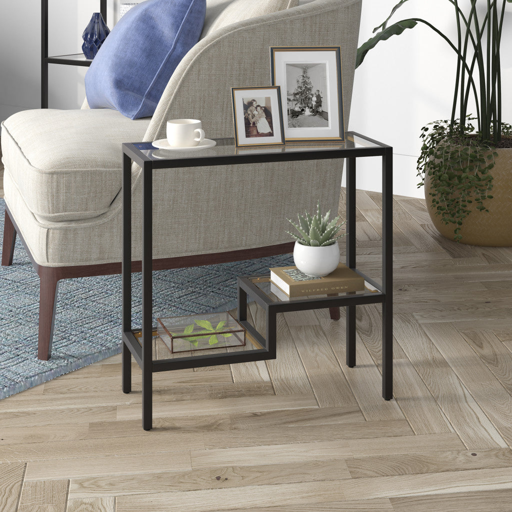 24" Black And Clear Glass And Steel End Table With Two Shelves