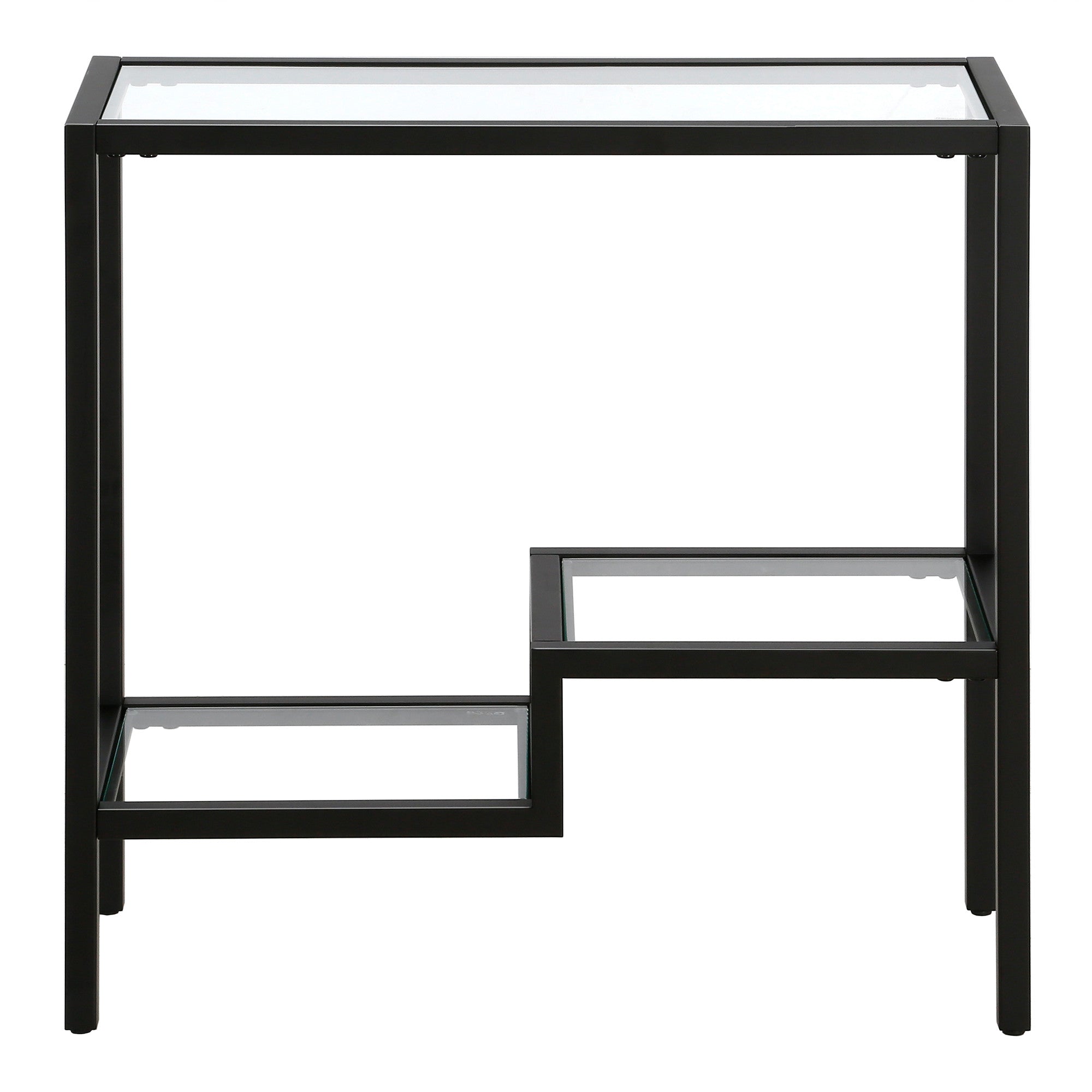 24" Black And Clear Glass And Steel End Table With Two Shelves