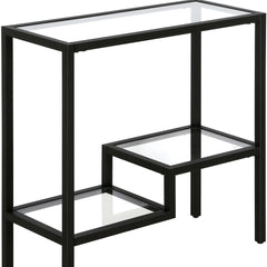 24" Black And Clear Glass And Steel End Table With Two Shelves