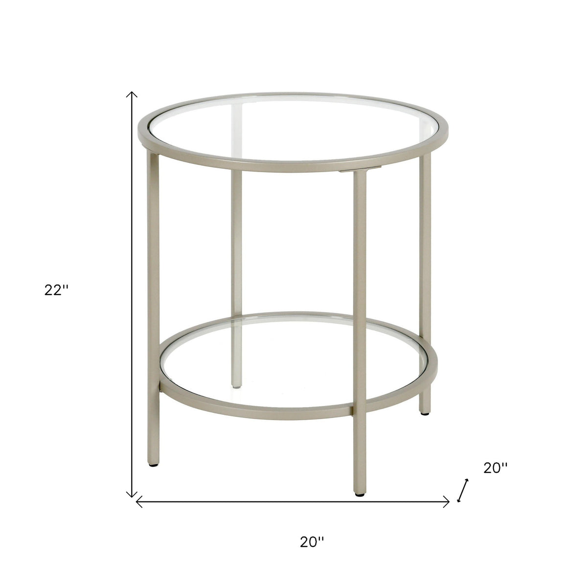 22" Nickel And Clear Glass And Steel Round End Table With Shelf