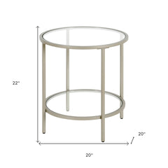 22" Nickel And Clear Glass And Steel Round End Table With Shelf