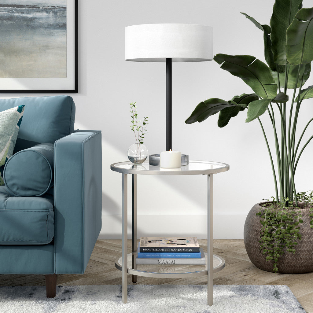 22" Nickel And Clear Glass And Steel Round End Table With Shelf