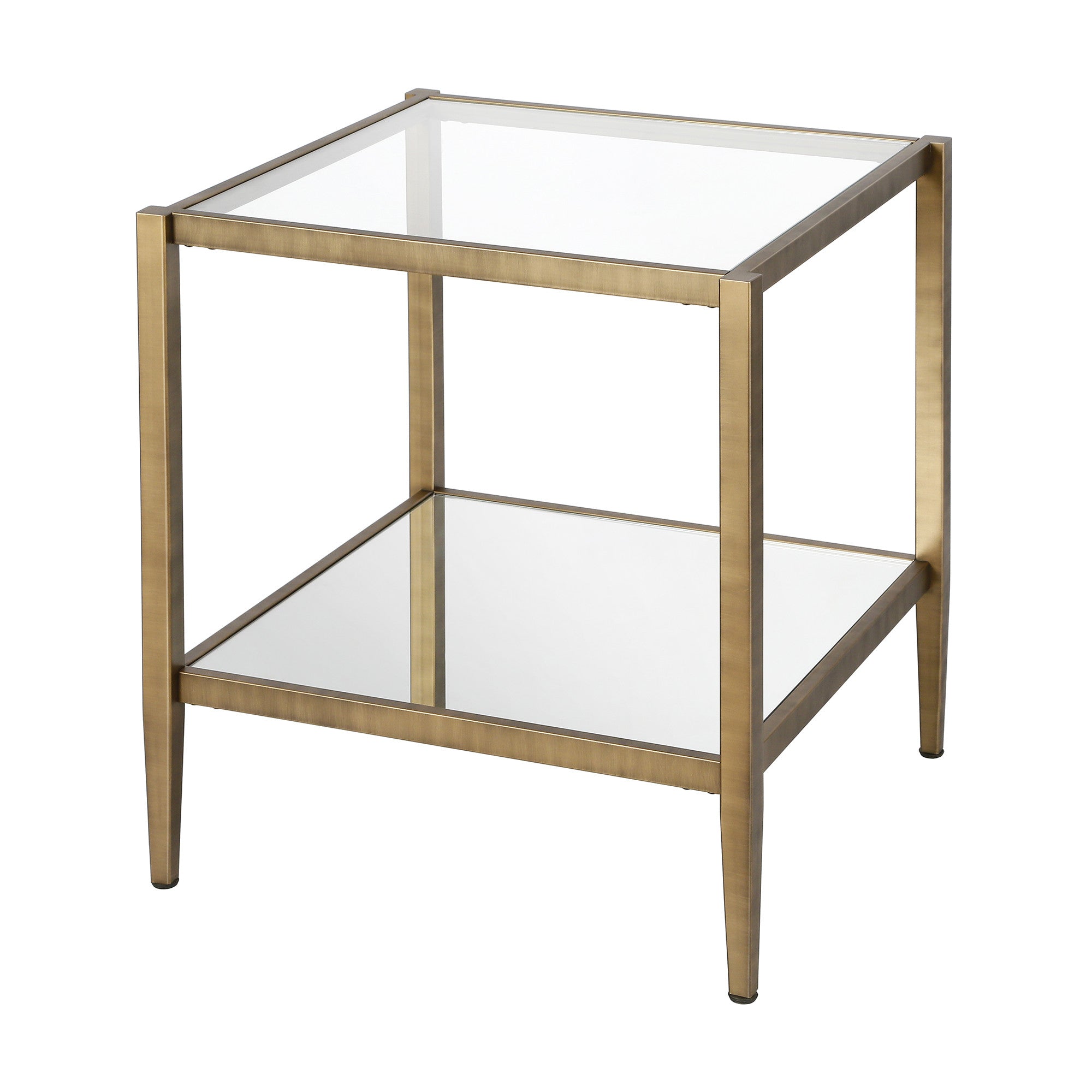 22" Brass And Clear Glass And Steel Square Mirrored End Table With Shelf