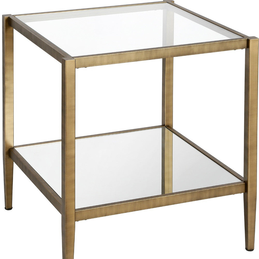 22" Brass And Clear Glass And Steel Square Mirrored End Table With Shelf