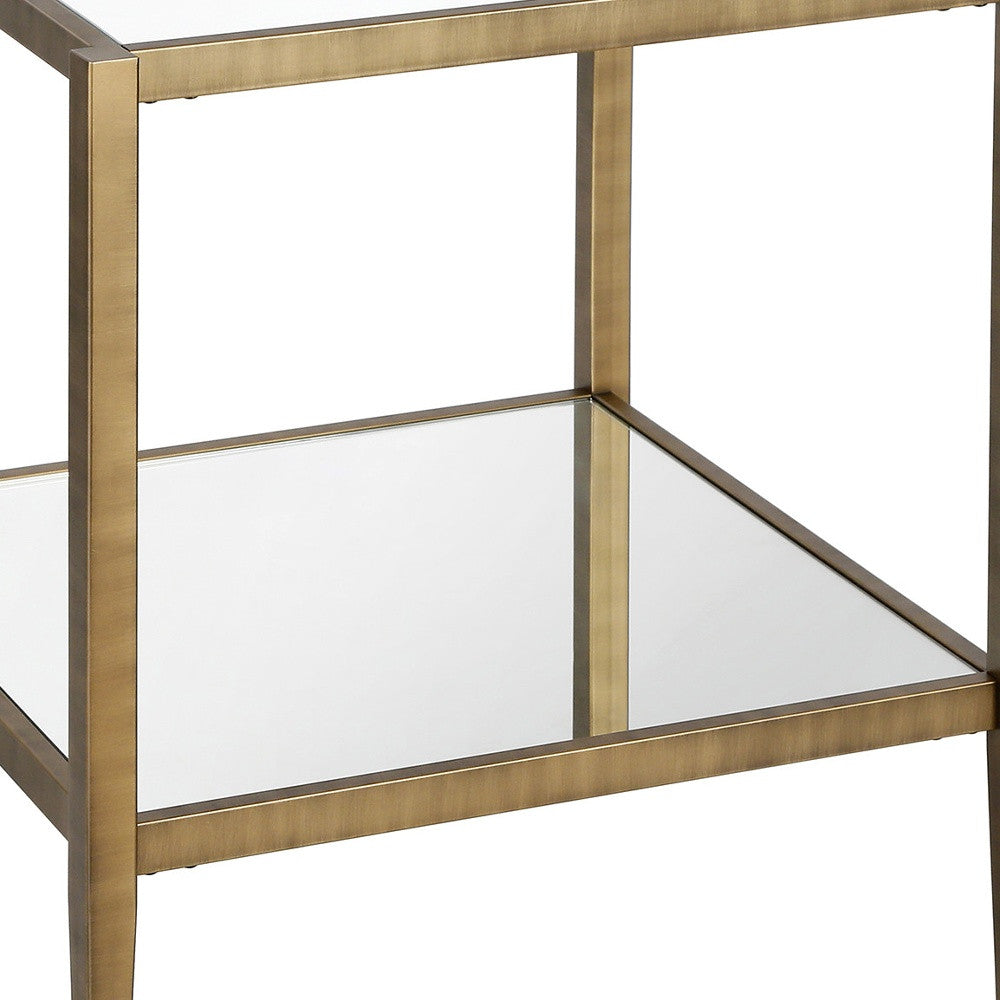 22" Brass And Clear Glass And Steel Square Mirrored End Table With Shelf