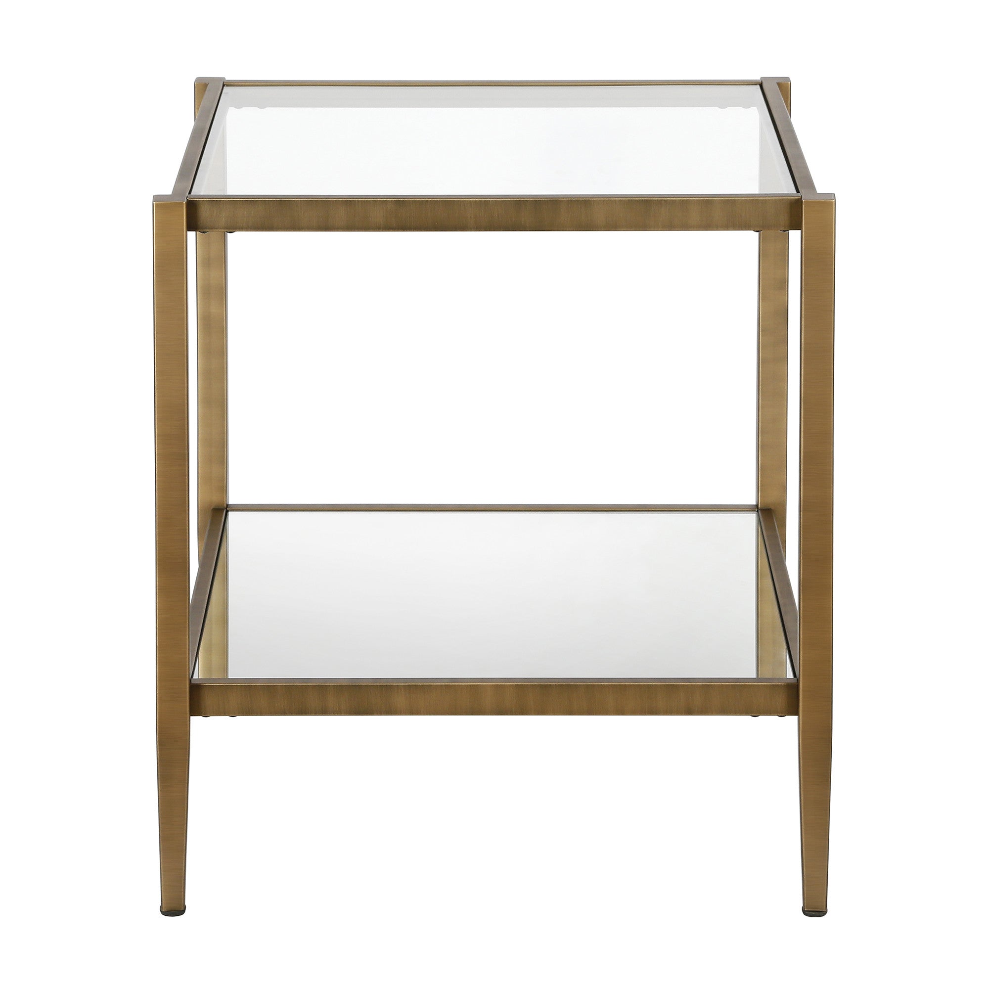 22" Brass And Clear Glass And Steel Square Mirrored End Table With Shelf