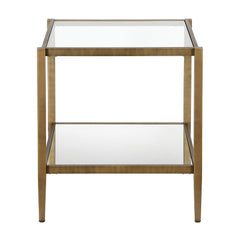 22" Brass And Clear Glass And Steel Square Mirrored End Table With Shelf