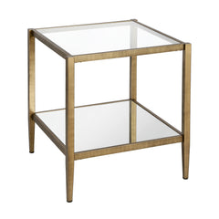 22" Brass And Clear Glass And Steel Square Mirrored End Table With Shelf