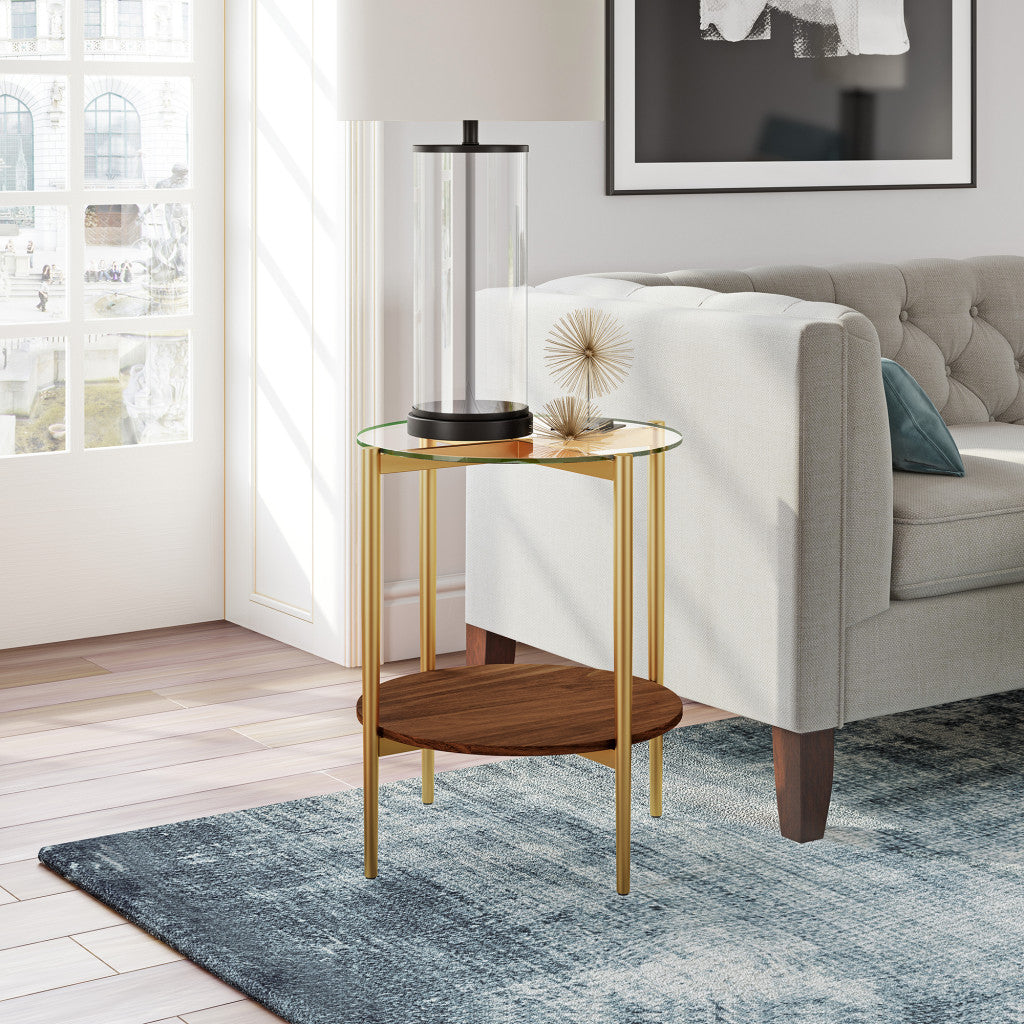 22" Gold And Clear Glass And Steel Round End Table With Shelf