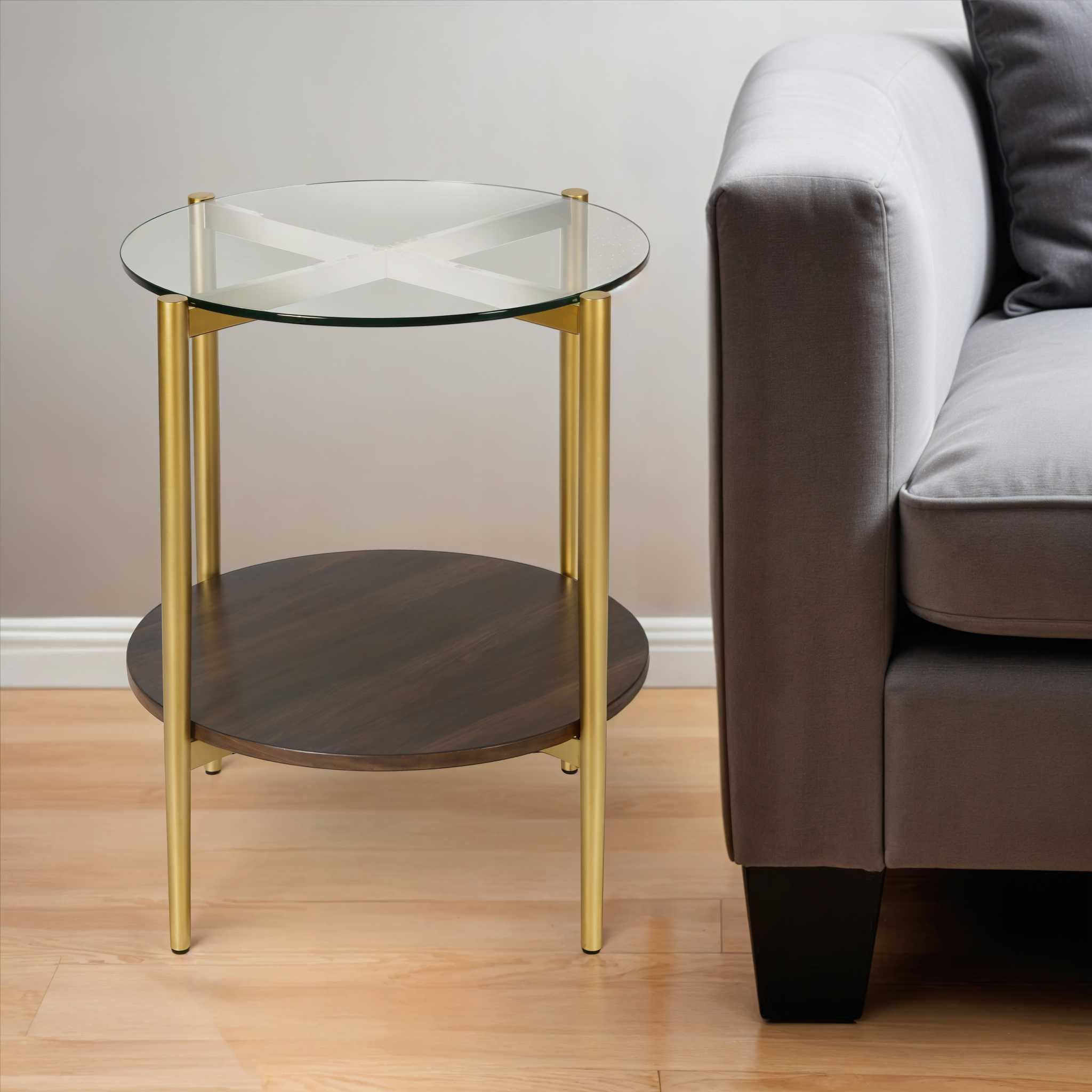 22" Gold And Clear Glass And Steel Round End Table With Shelf