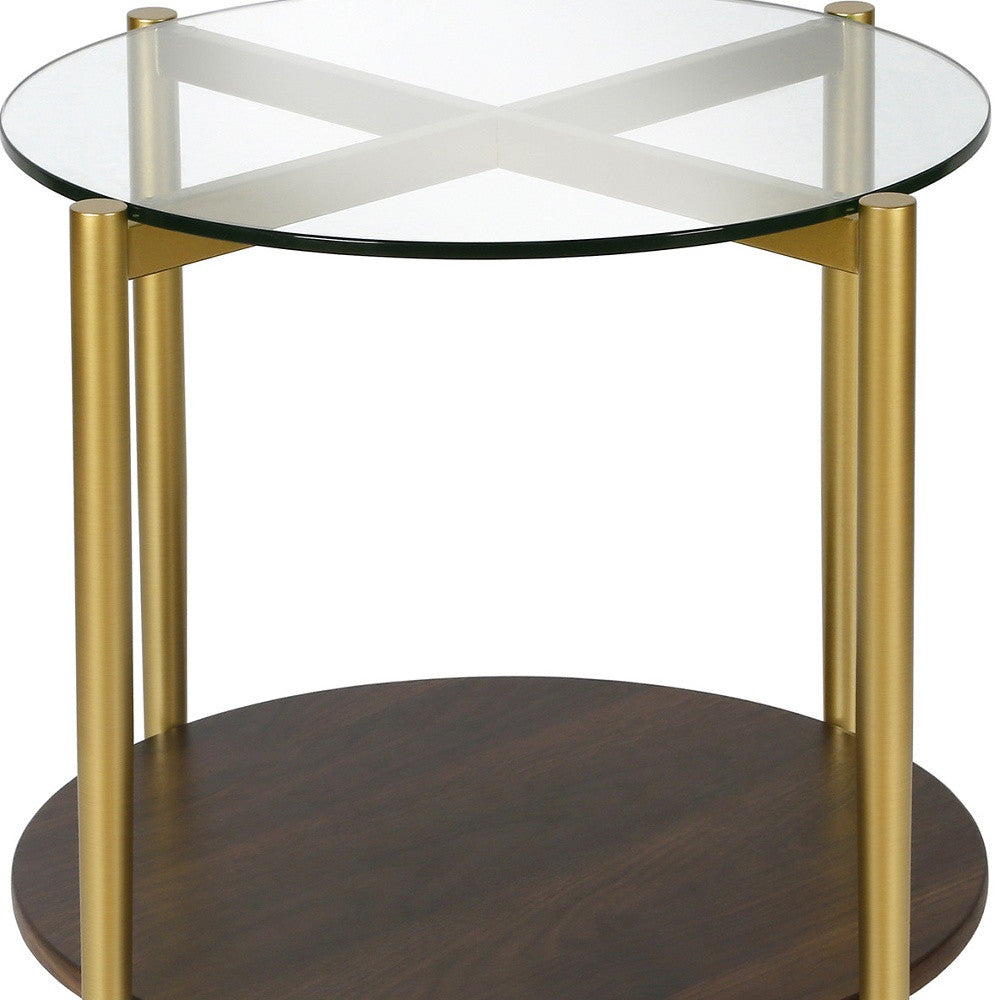 22" Gold And Clear Glass And Steel Round End Table With Shelf