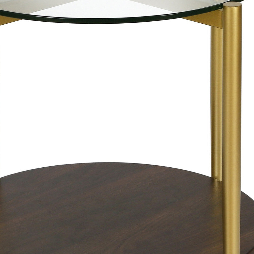 22" Gold And Clear Glass And Steel Round End Table With Shelf