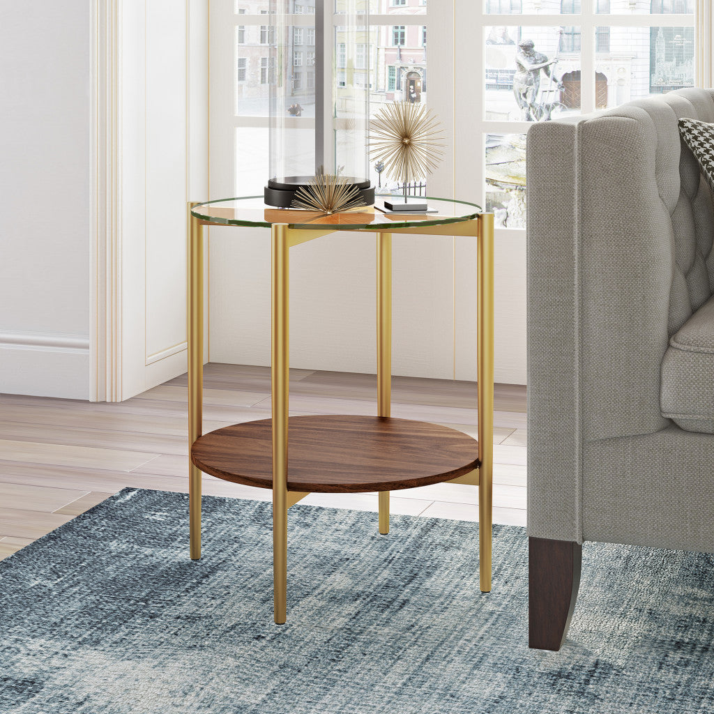 22" Gold And Clear Glass And Steel Round End Table With Shelf