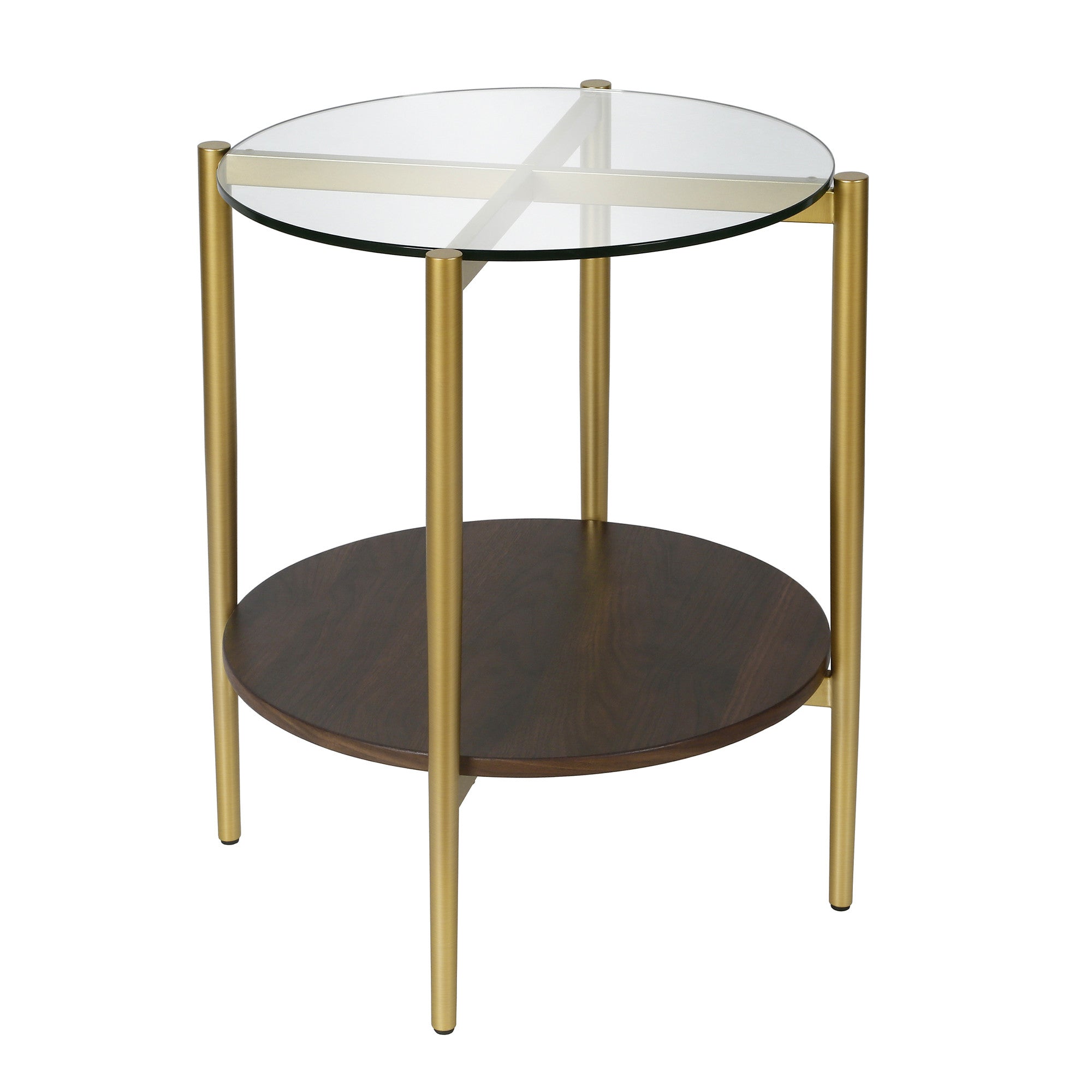 22" Gold And Clear Glass And Steel Round End Table With Shelf