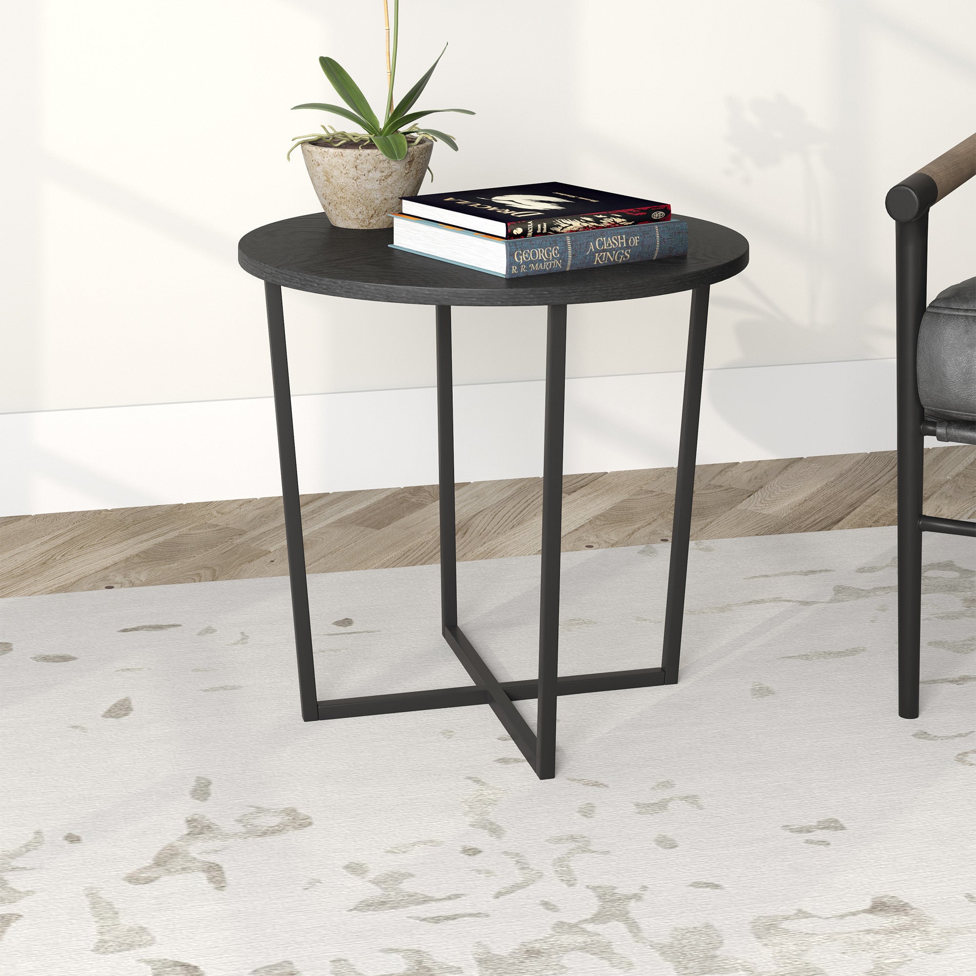 20" Black Wood And Steel Round End Table