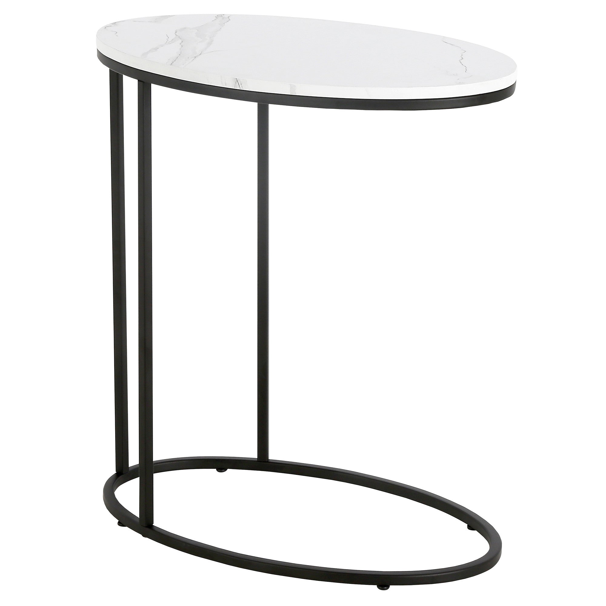 22" Black And White Faux Marble And Steel Oval End Table