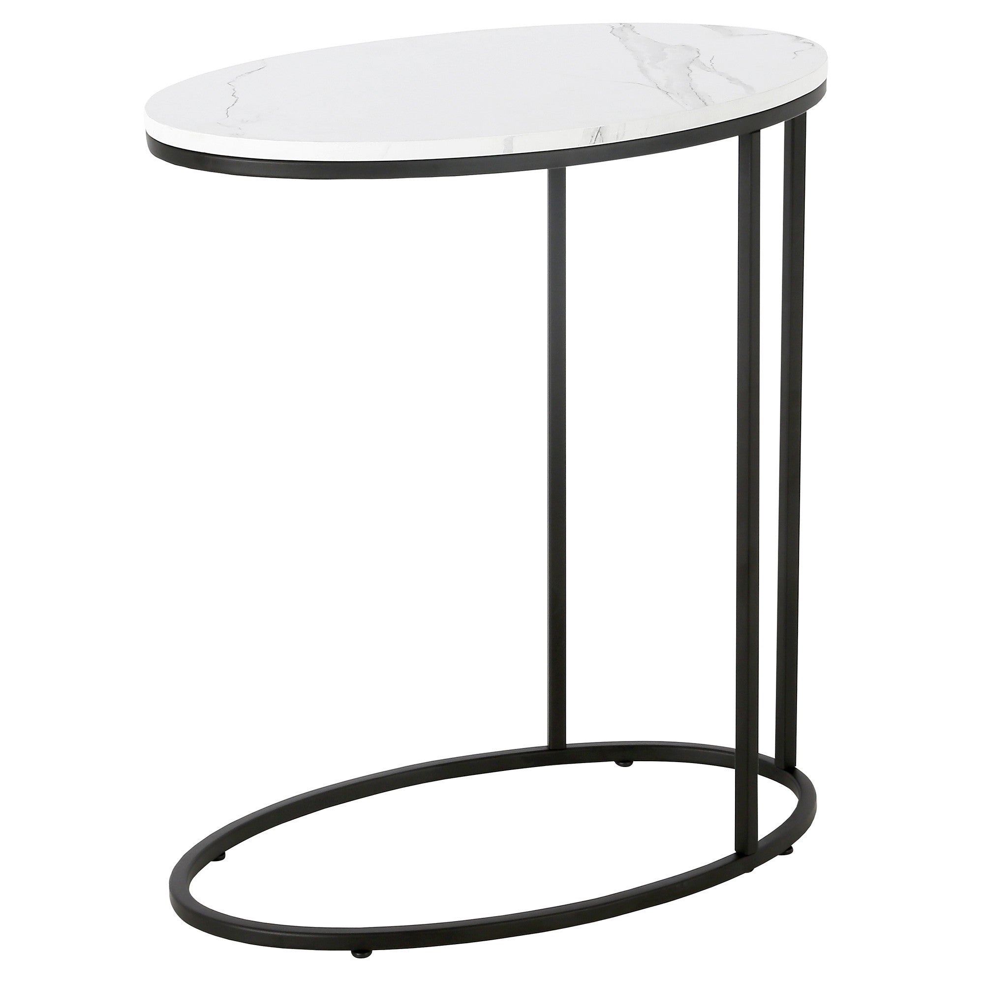 22" Black And White Faux Marble And Steel Oval End Table