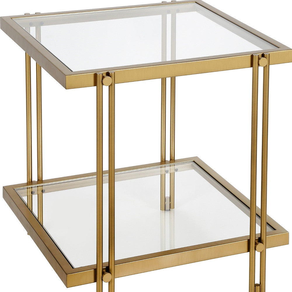 22" Brass And Clear Glass And Steel Square End Table With Shelf