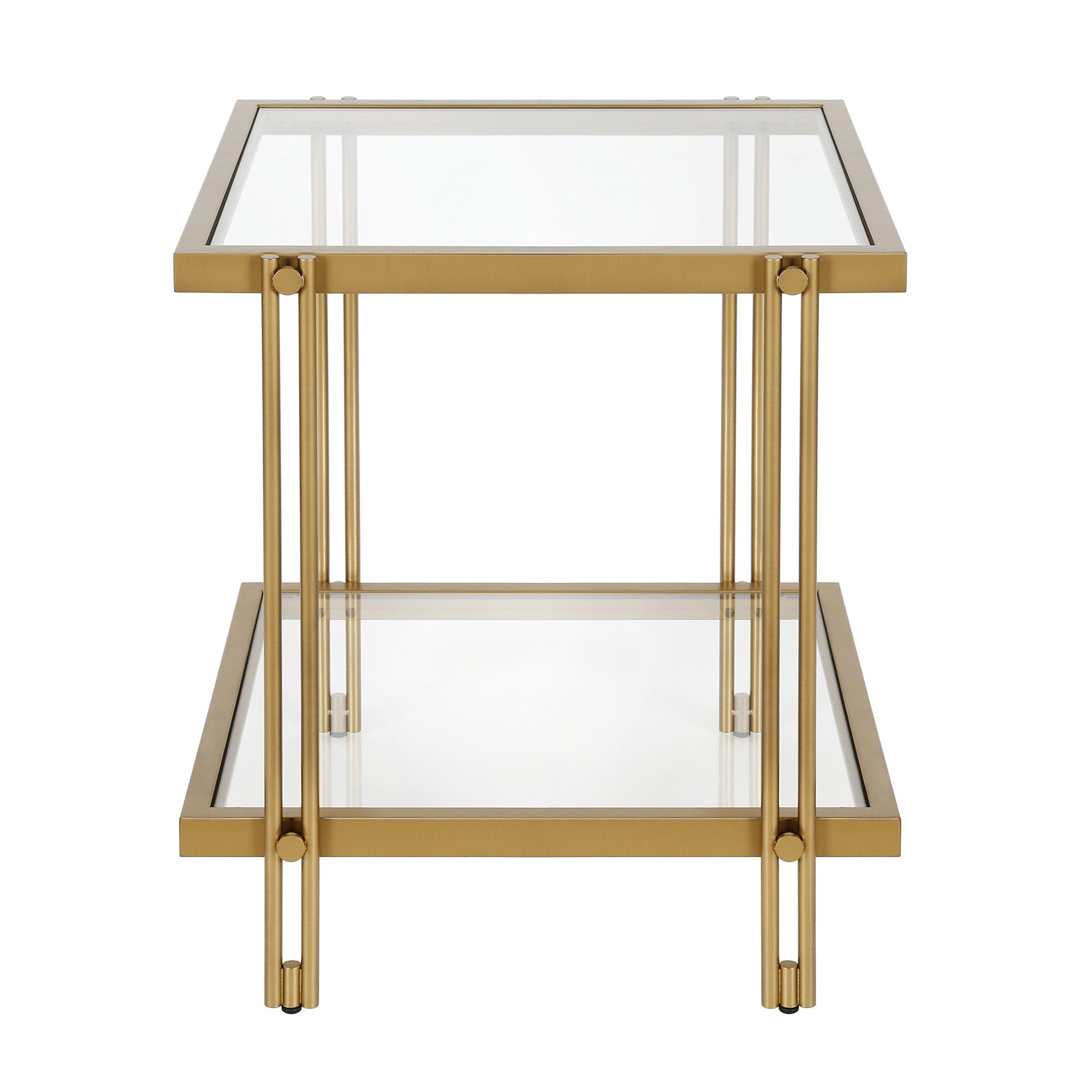 22" Brass And Clear Glass And Steel Square End Table With Shelf