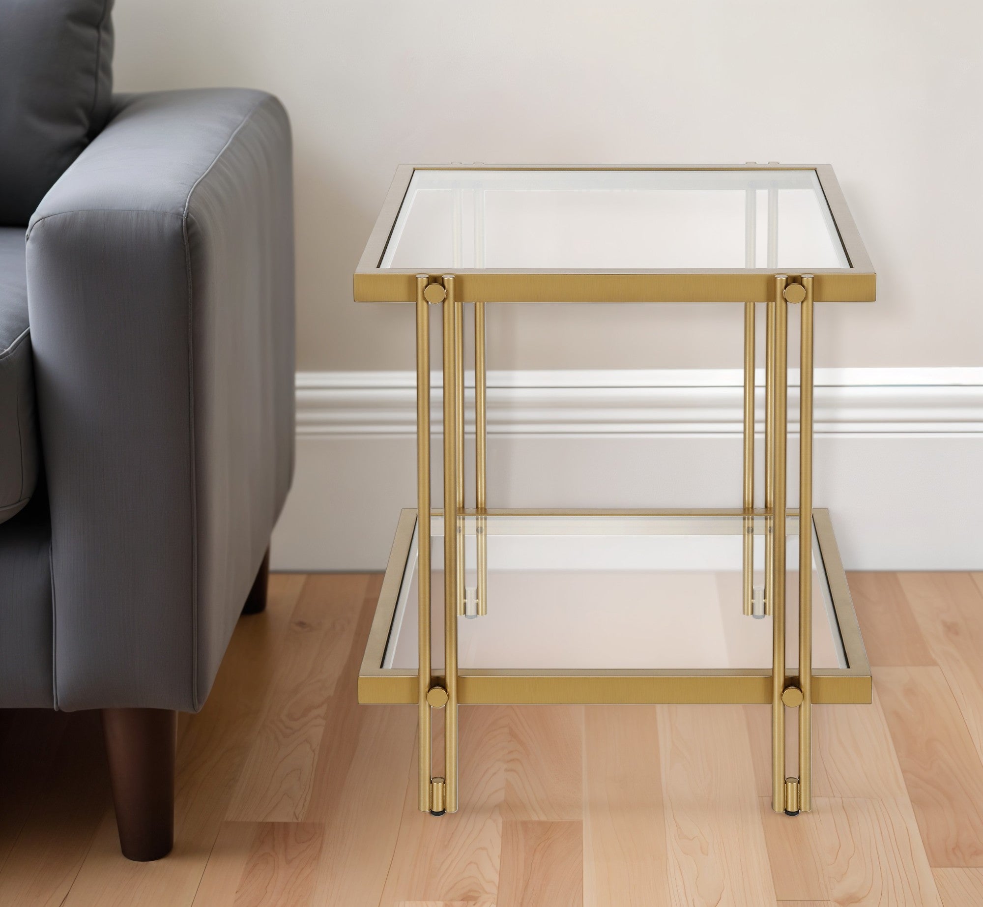 22" Brass And Clear Glass And Steel Square End Table With Shelf