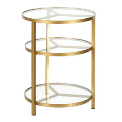 24" Brass Glass And Steel Round End Table With Two Shelves