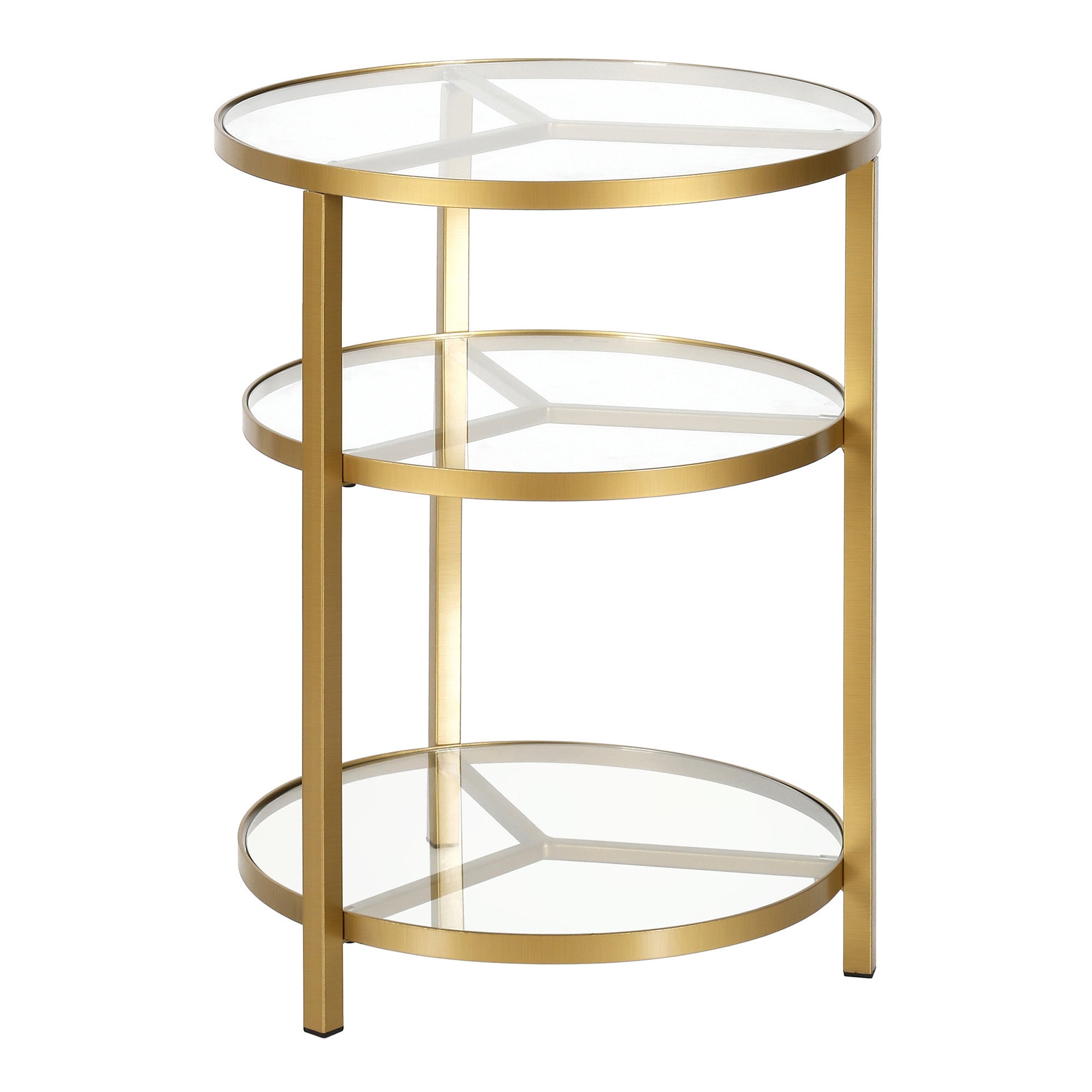 24" Brass Glass And Steel Round End Table With Two Shelves