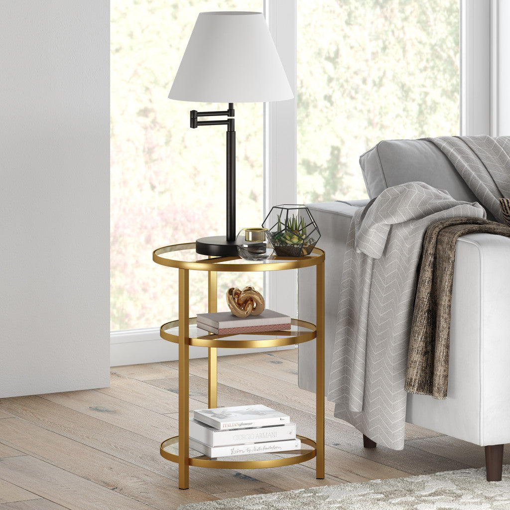 24" Brass Glass And Steel Round End Table With Two Shelves